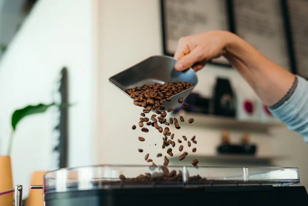 Kaffeemühle mahlt frische Bohnen für die Maschine