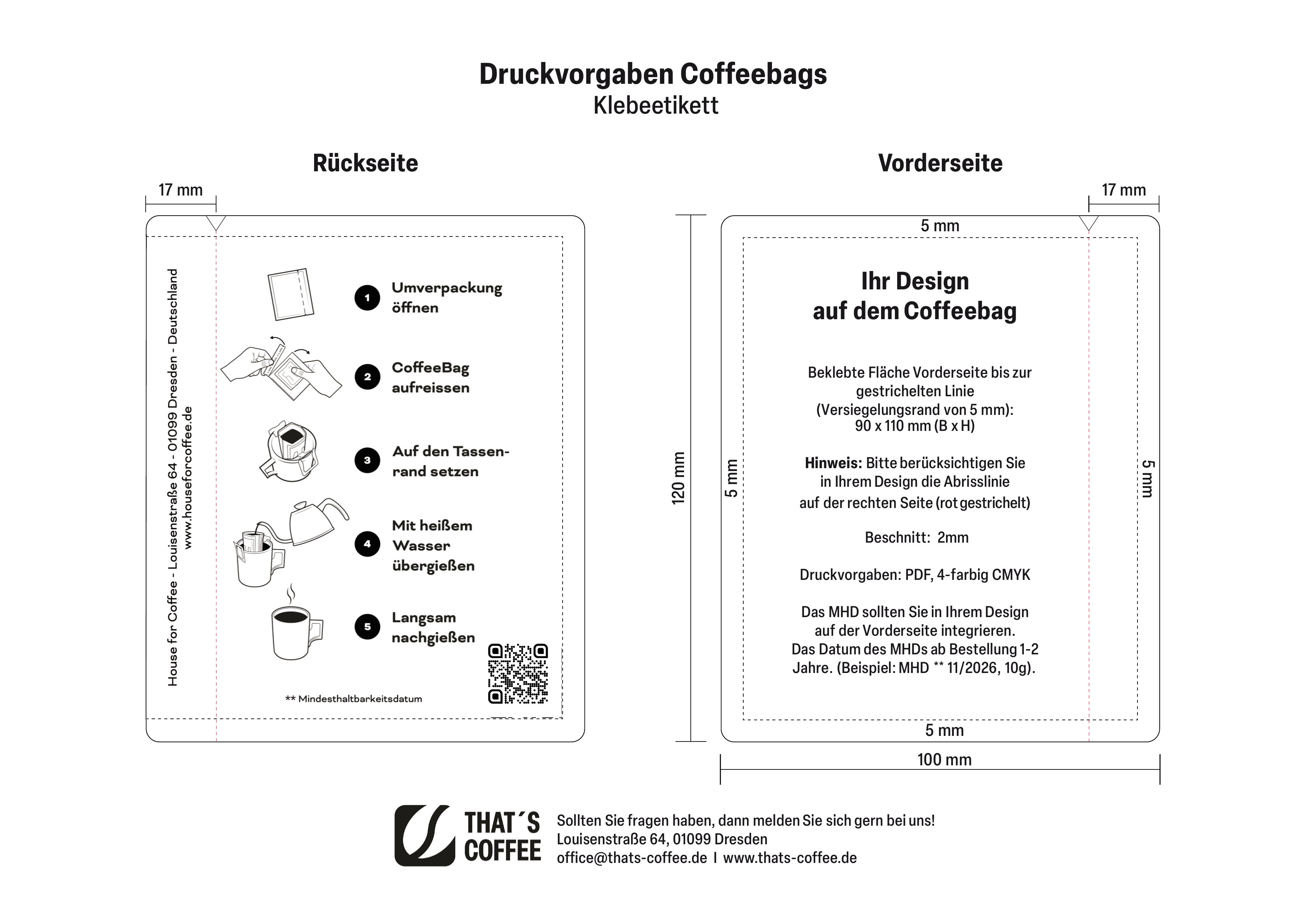 Druckvorgabe Coffeebags Klebeetikett - Vorder- und Rückseite mit Maßangaben