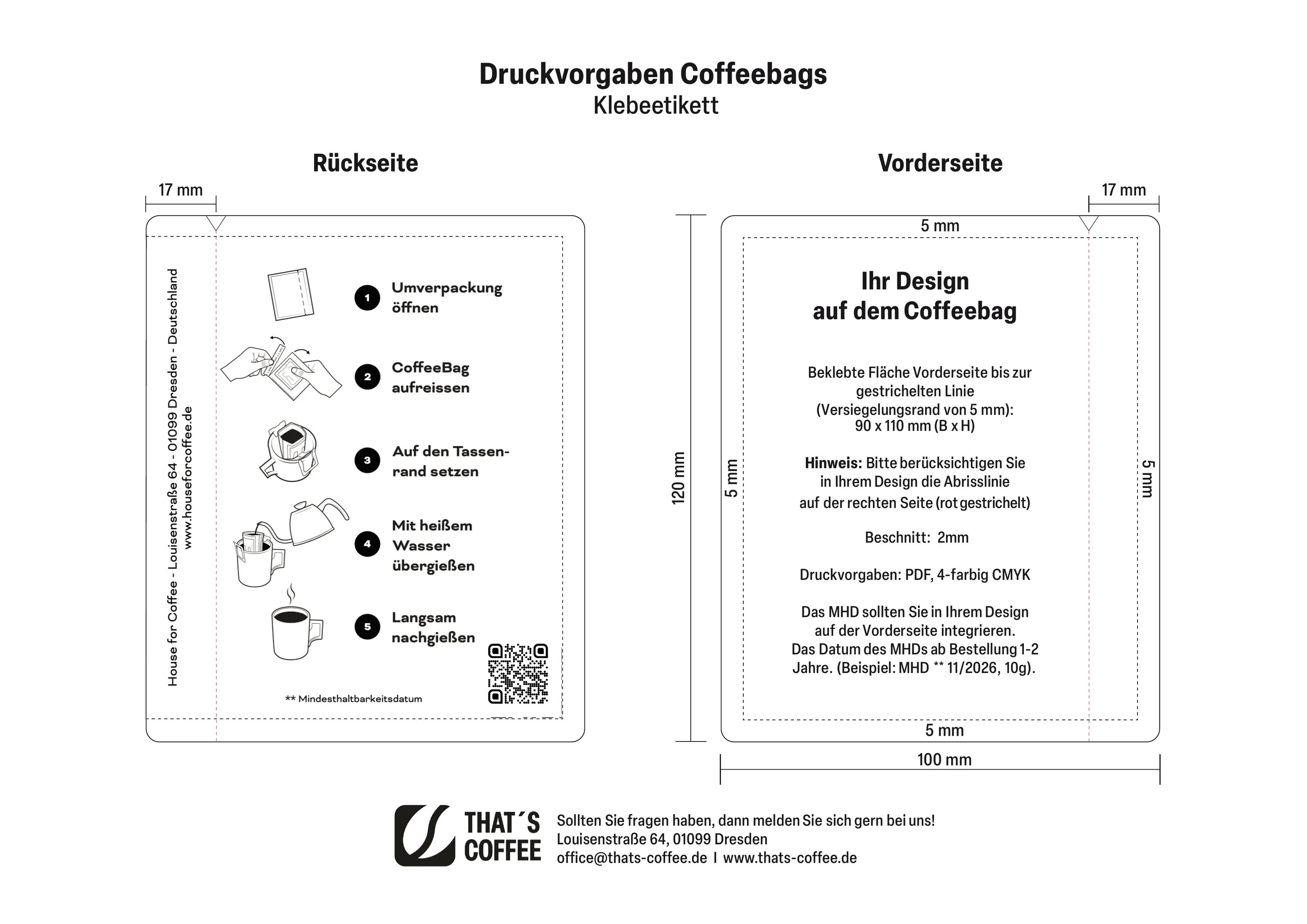 Druckvorgabe Coffeebags Klebeetikett - Vorder- und Rückseite mit Maßangaben