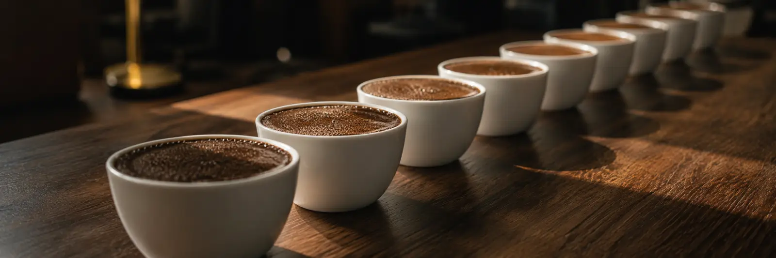 Cupping-Setup: Reihe weisser Cupping-Schalen mit unterschiedlich dunklen Kaffees und Loeffeln in Dresden