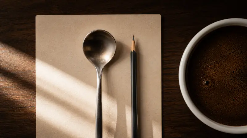 SCA-Bewertungsbogen mit Notizen, Cupping-Loeffel und Schale