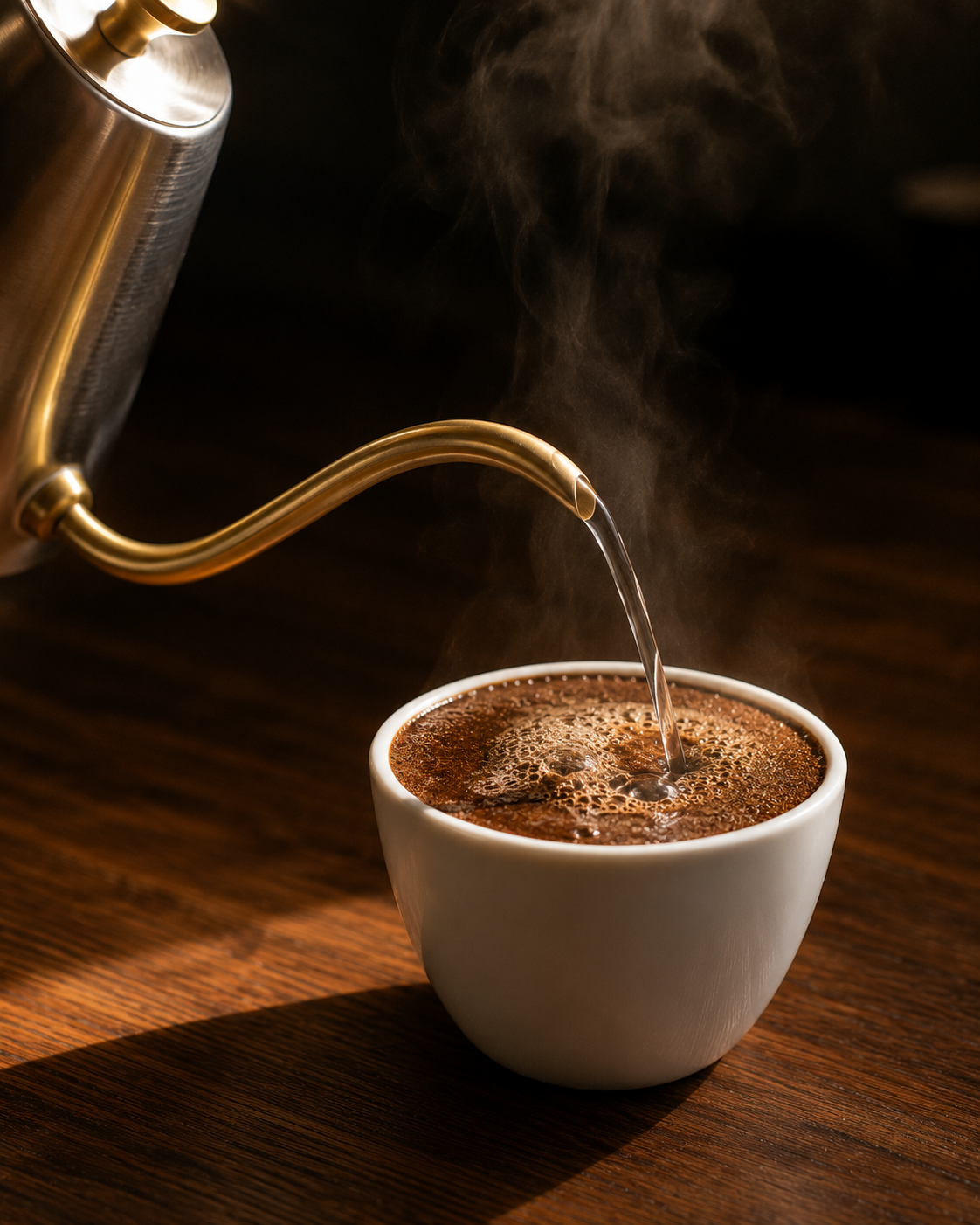 Nass-Aroma: heisser Kaffee-Aufguss dampft, Aromen entfalten sich