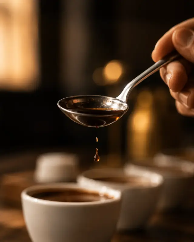 Kaffee wird vom Cupping-Loeffel geschluerft