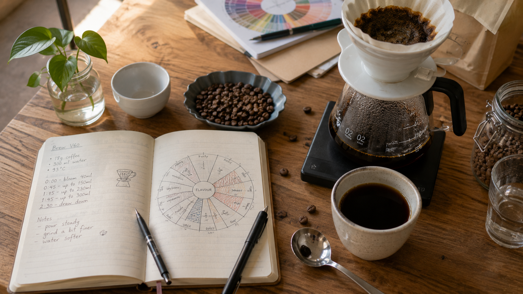 Notizbuch mit handschriftlichen Kaffeenotizen, kleines Aromarad, Cupping-Loeffel und Espressotasse auf dunklem Holz