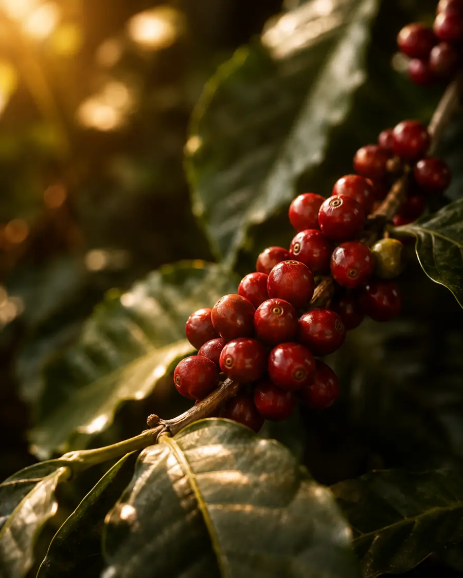 Reife rote Kaffeekirschen am Zweig auf einer Farm in Aethiopien