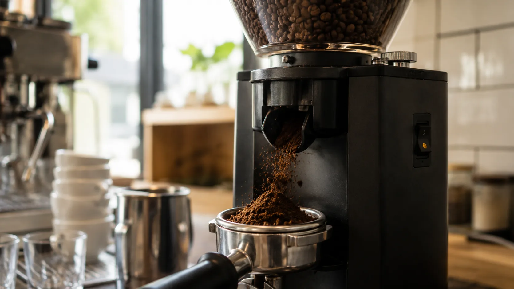 Professionelle Kaffeemuehle mahlt frische Bohnen in Portafilter — Vergleich Einsteiger-Muehlen