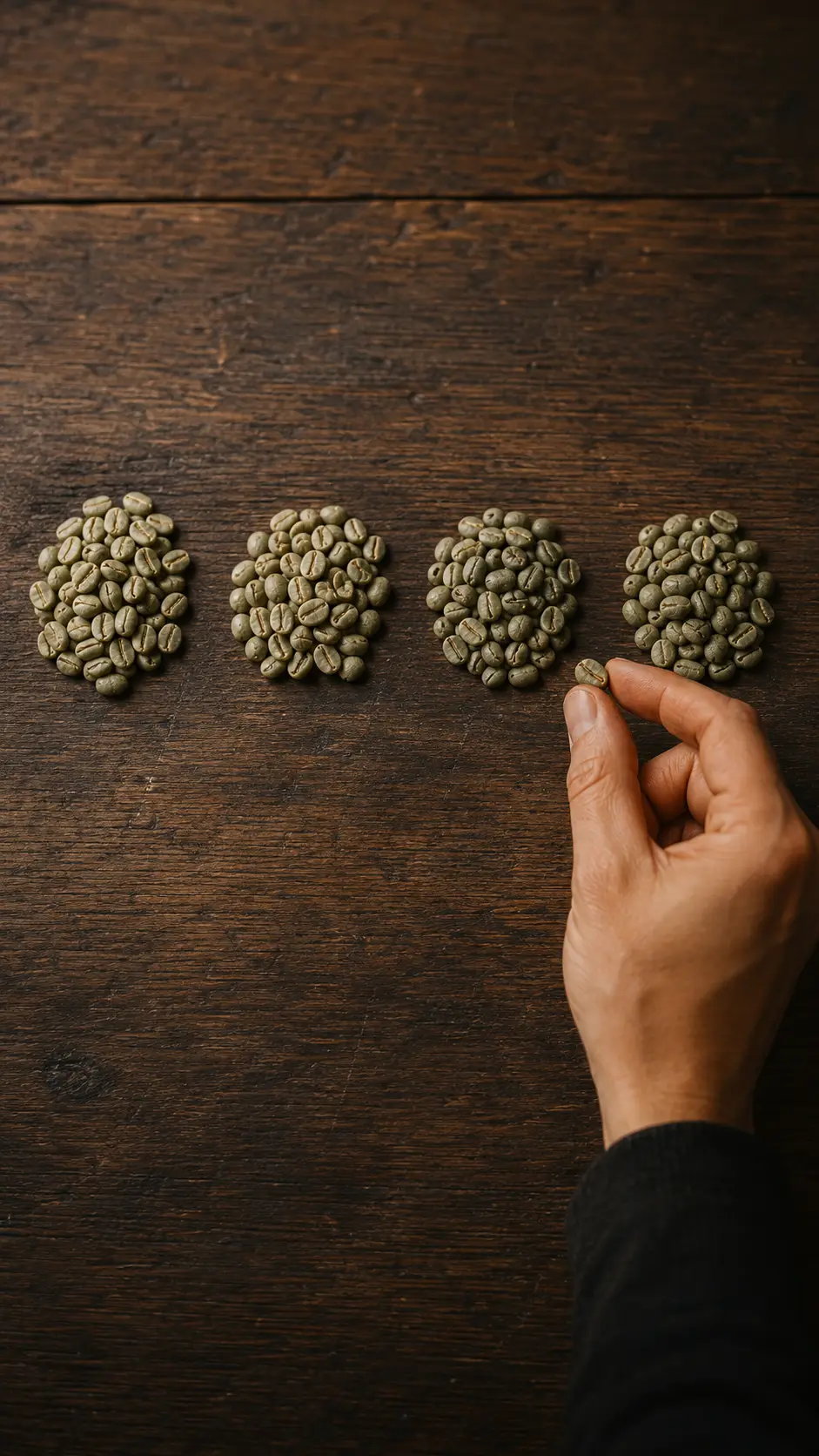 Grüne Rohkaffeebohnen aus vier Herkünften im Vergleich