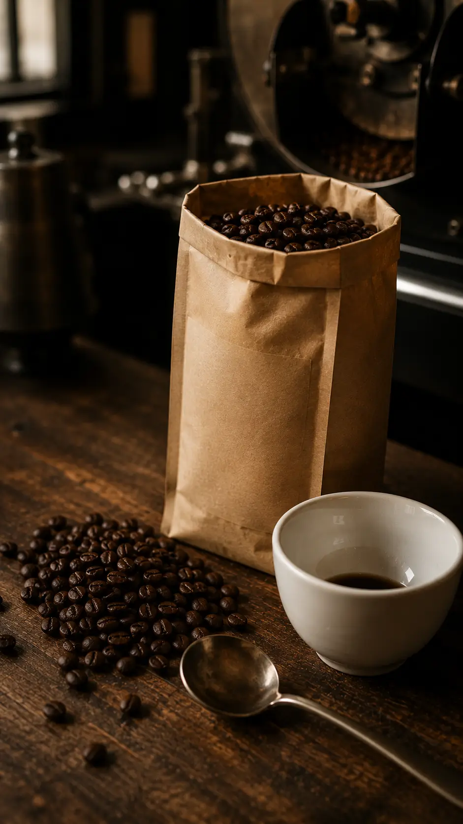 Frisch geröstete eigene Bohnen in der Tüte, daneben Tasse und Cupping-Löffel