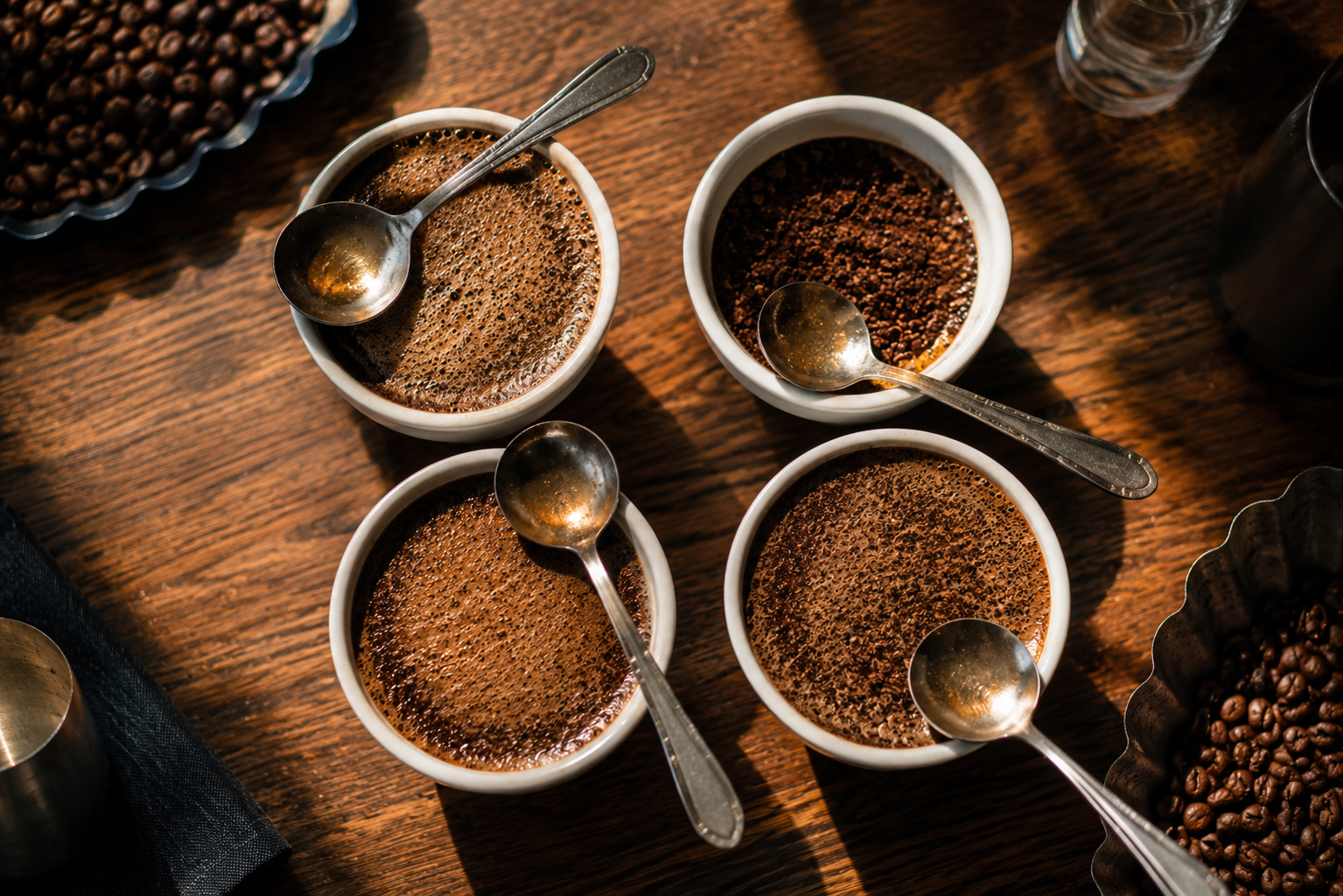 Cupping der eigenen Röstung mit vier Cupping-Schalen